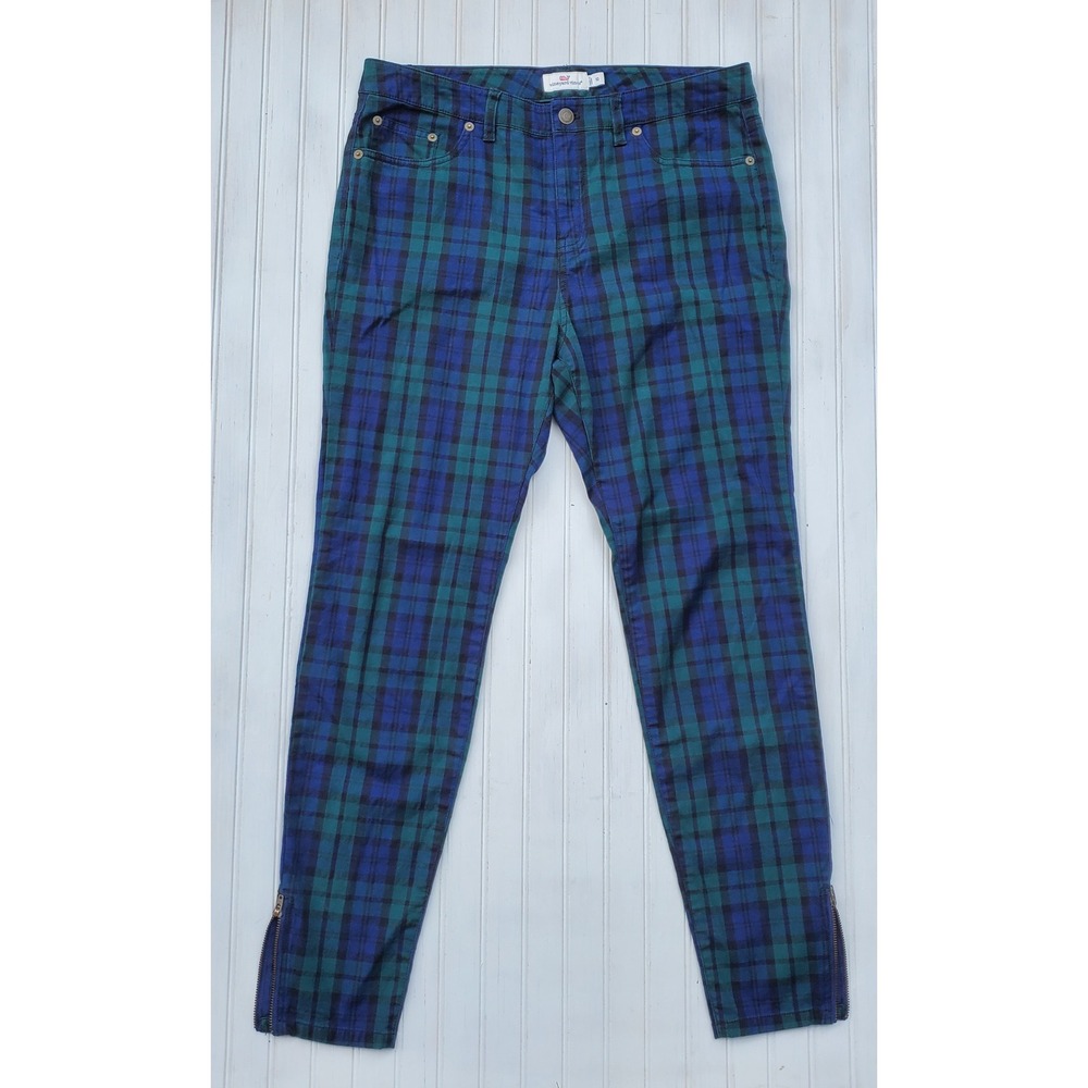 Vineyard Vines Womens Black Watch Plaid Ankle Zip Skinny Pants Blue Green 10